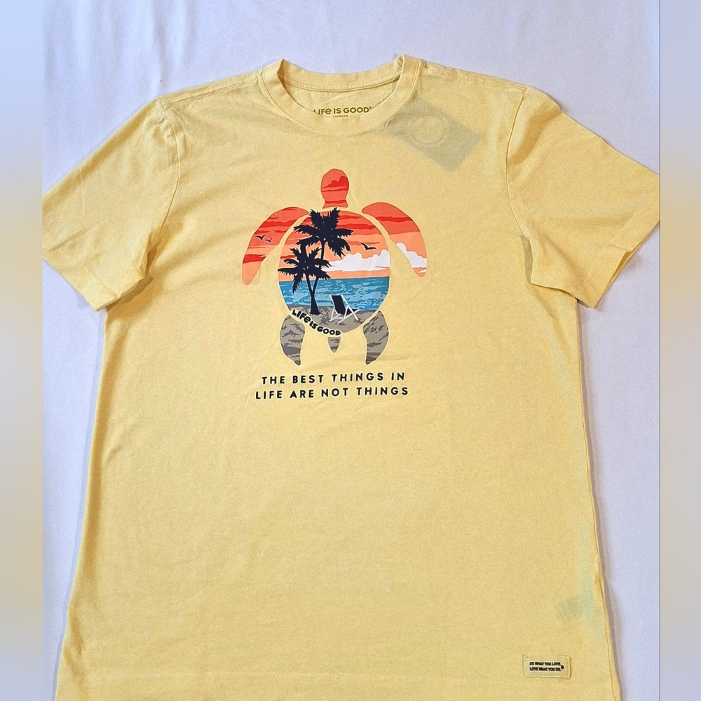 Life Is Good Crusher Yellow Wavy Turtle Sunset Graphic Tee